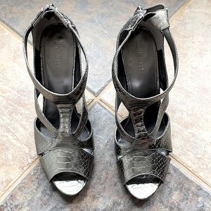 Nine West, size 9 1/2, Pewter color, reptile print, 4” heel, peep toe